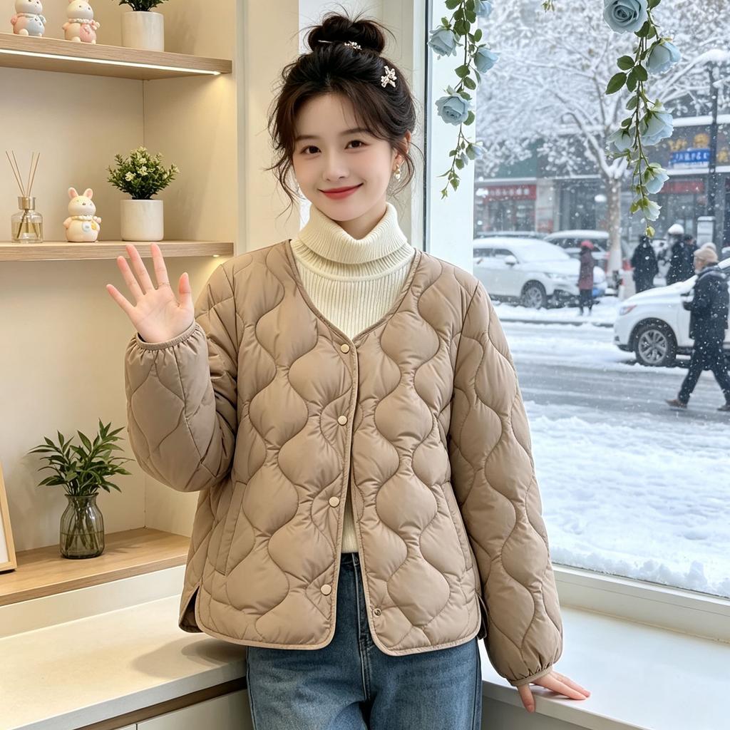 New autumn and winter short cotton-padded clothes women's V-neck light and warm cotton-padded clothes jacket slim and thin liner cotton-padded jack