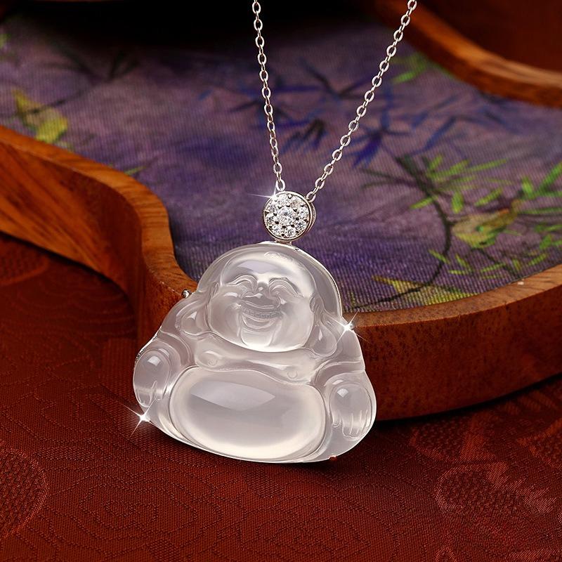High Ice White Chalcedony Maitreya Buddha Necklace Women's Sterling Silver S925 New Chinese Guochao Buddha Male Clavicle Chain