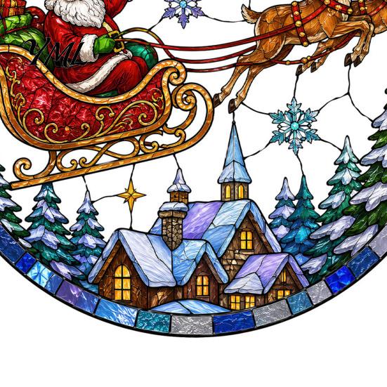 Retro Art Window Decoration Christmas Santa Sleigh Suncatcher Cling, Stained Glass Style Static Home Decor Sticker, Rainbow Film Xmas for Shop