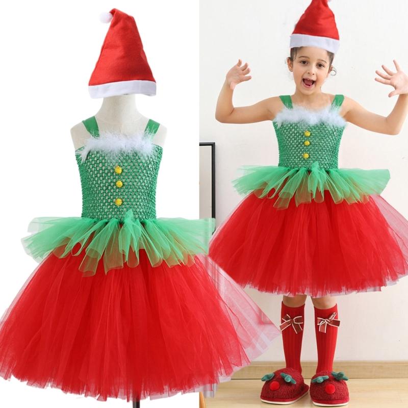 Kinder Weihnachten Elf Kostüm Zubehör für Mädchen 2-12 Weihnachten Geburtstag Fotografie Enthält Kleid und Weihnachtsmütze