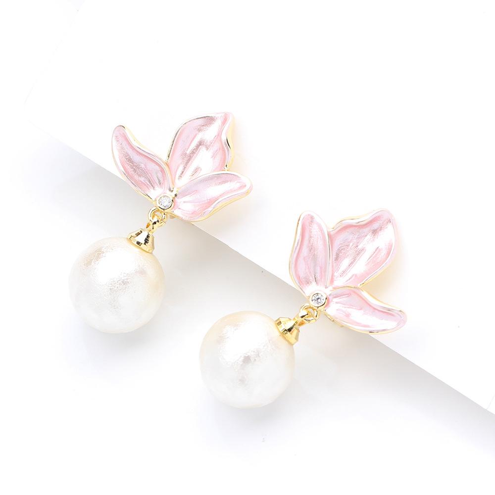 New pink oil drop petal earclips temperament versatile gold-plated imitation pearl earrings women's earless earrings earrings