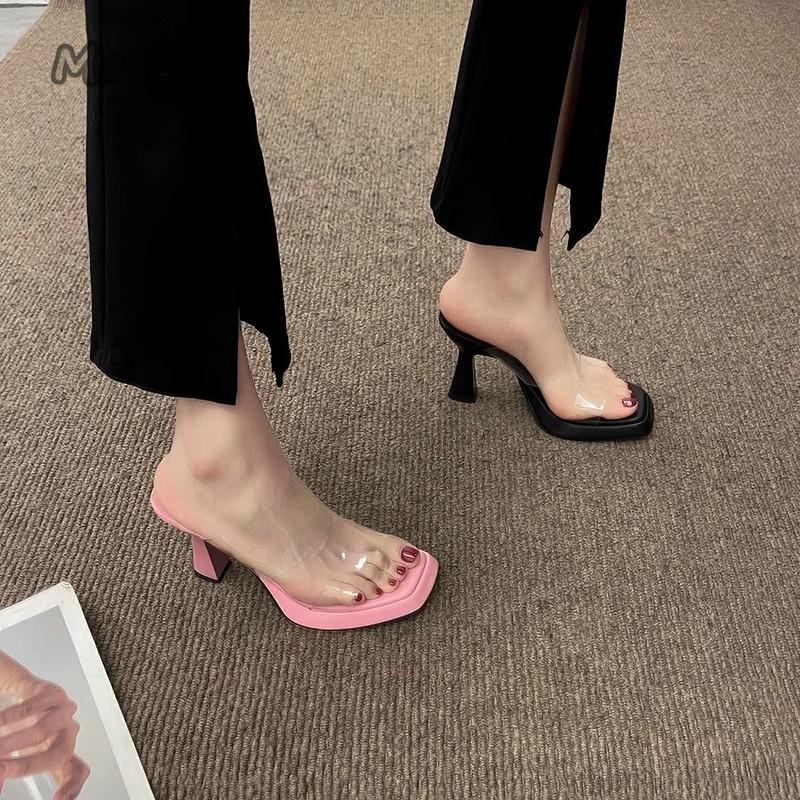 Fashion Women's Fashion Summer New High Heel Shoes Sexy Square Head Transparent PVC Strap Slippers Rubber Sole Sandalias De Mujer Size39
