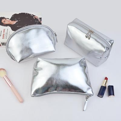 Soft Leather Silver Women Fashion Cosmetic Bag Silver Large Capacity Girl Cosmetic Storage Bag Waterproof Makeup Bag Travel