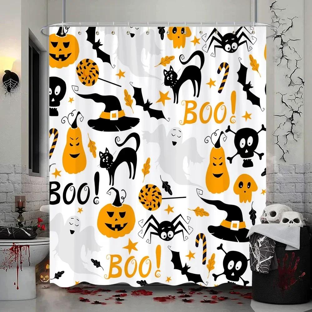 Läskig Halloween-duschdraperi, Vattentätt tyg med Spökhus, Döskallar, Skelett & Spöken för Festlig Badrumsinredning