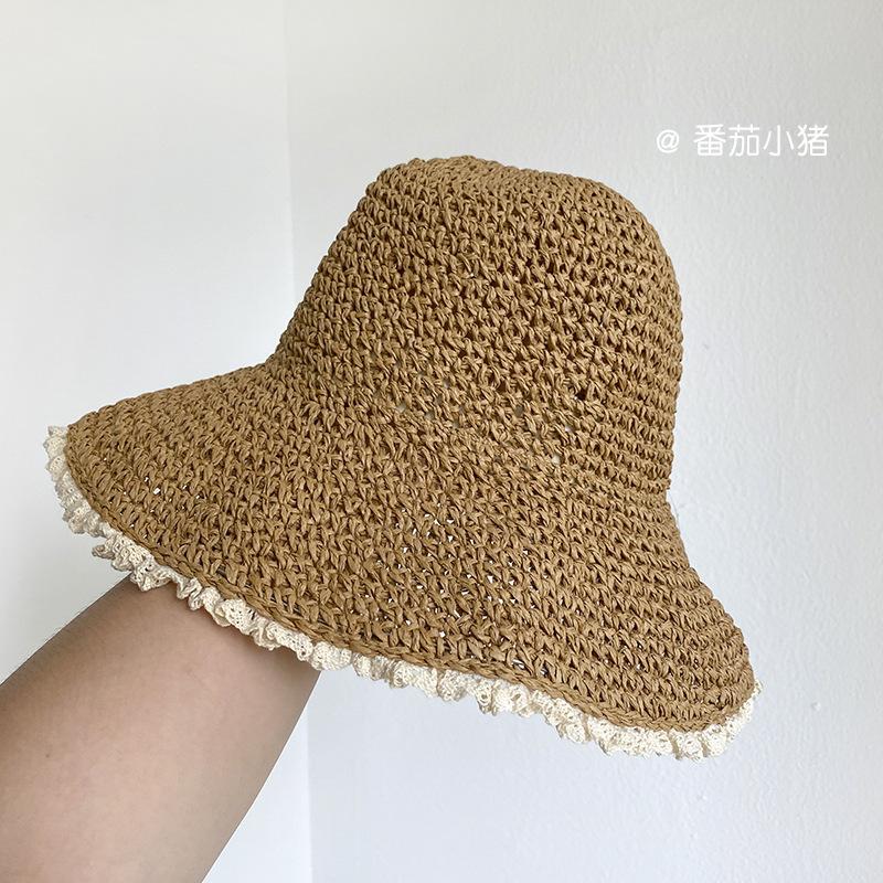 Straw Hat Women's Small Fresh Lace Solid Color Versatile Bucket Hat Summer Vacation Casual Big Brim Sun Hat