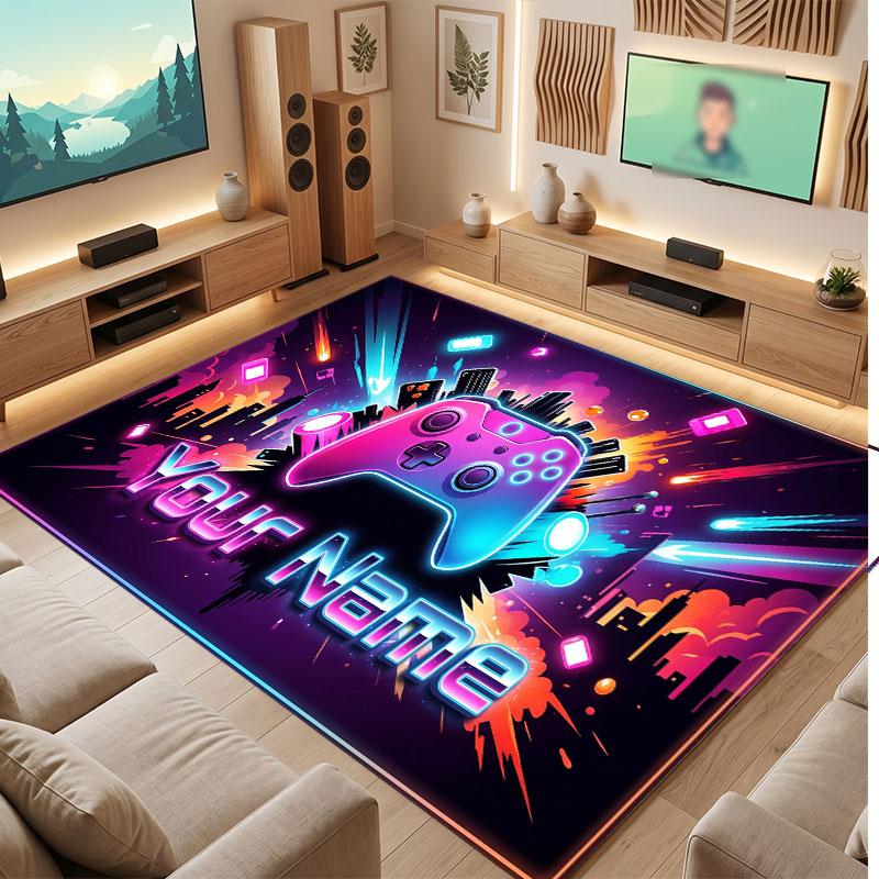City Cyberpunk Theme Crystal Velvet Floor Rug Personalized Custom Name Text Warm Carpet Home Decoration