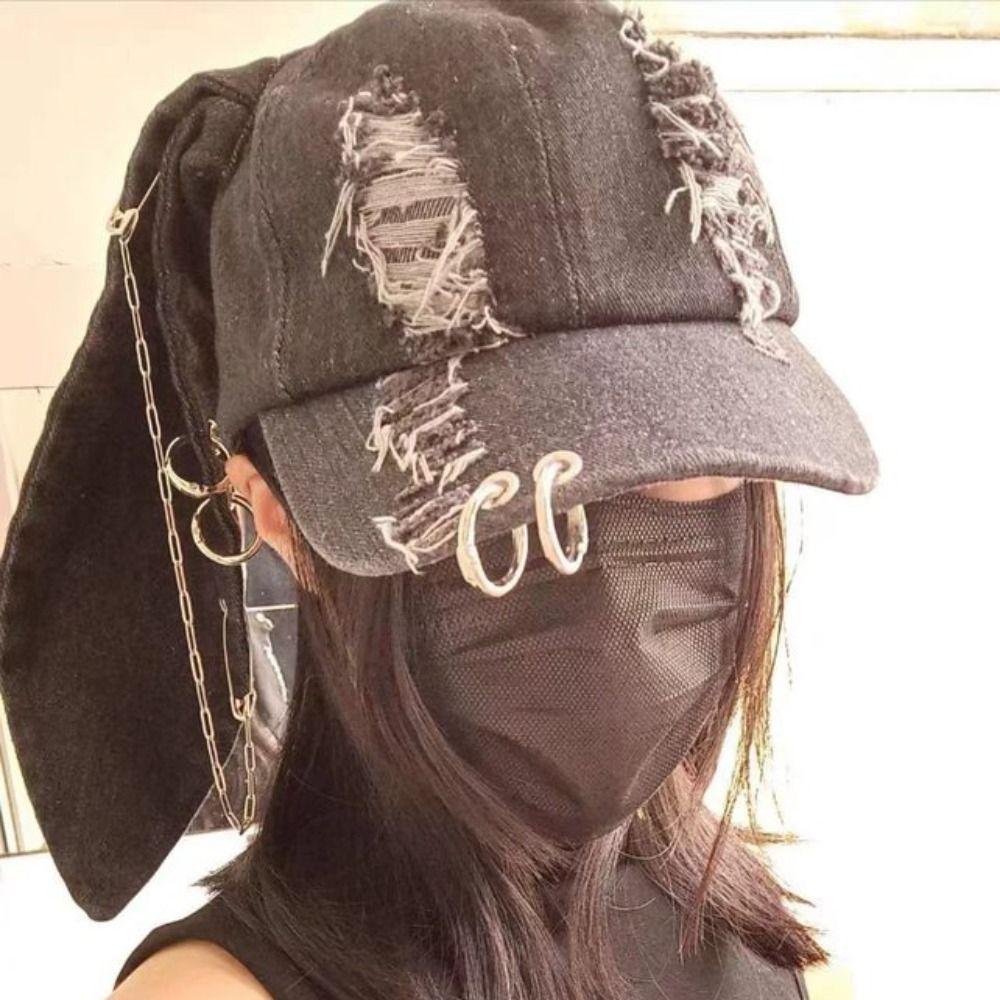 Puppy Ripped Denim Baseball Cap Y2K Bunny Ears Snapback Cap Chains Doberman Ears Hat  Street