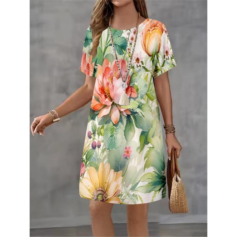 Tropical Leaf Print Short Sleeve Dress, Boho Floral Tunic Dress, Casual Summer Beach Wear