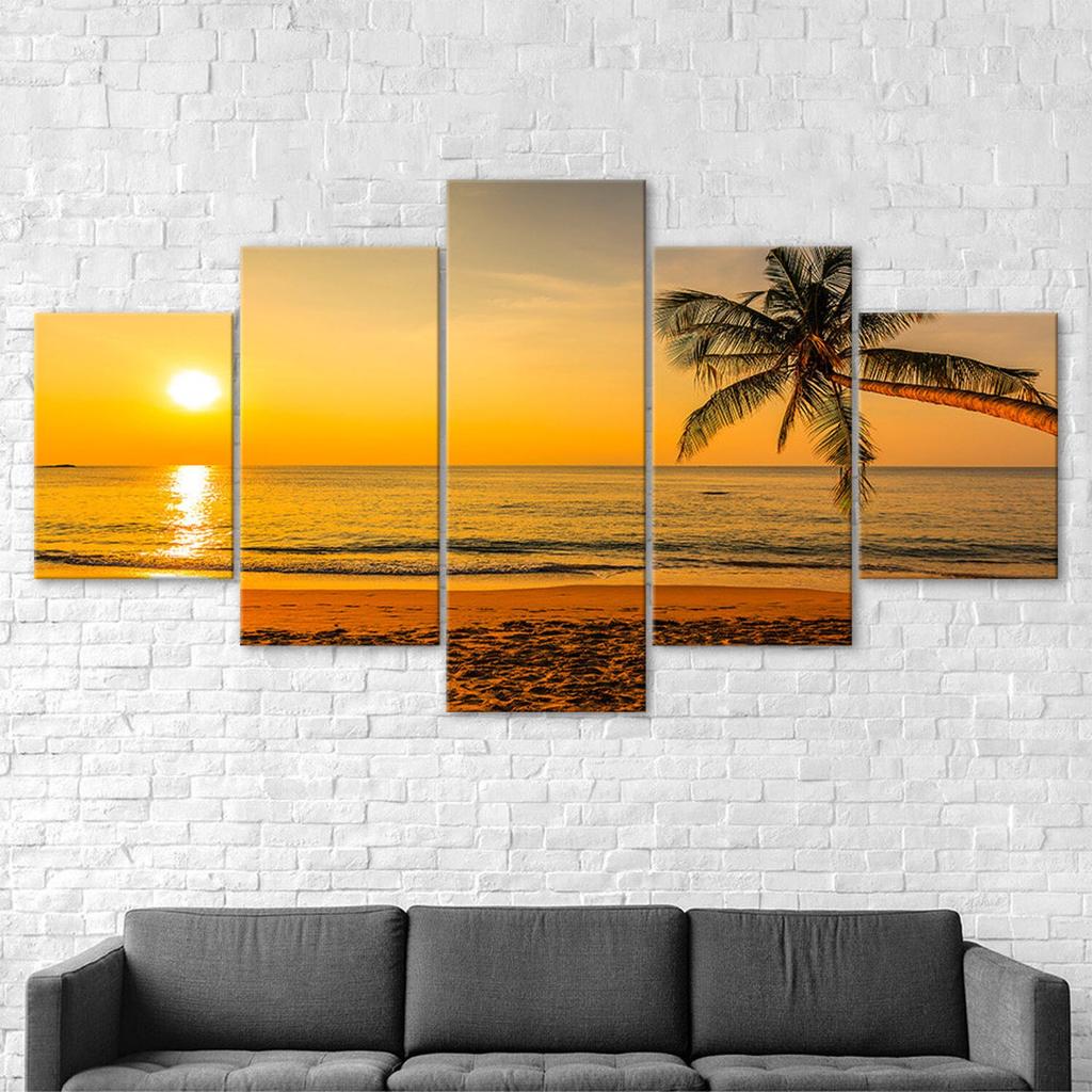 Palm Tree Beach Sunset 5 Piece Canvas Wall Art Multi Panel Print Modern Poster Home Decor Picture Gift For Him For Her