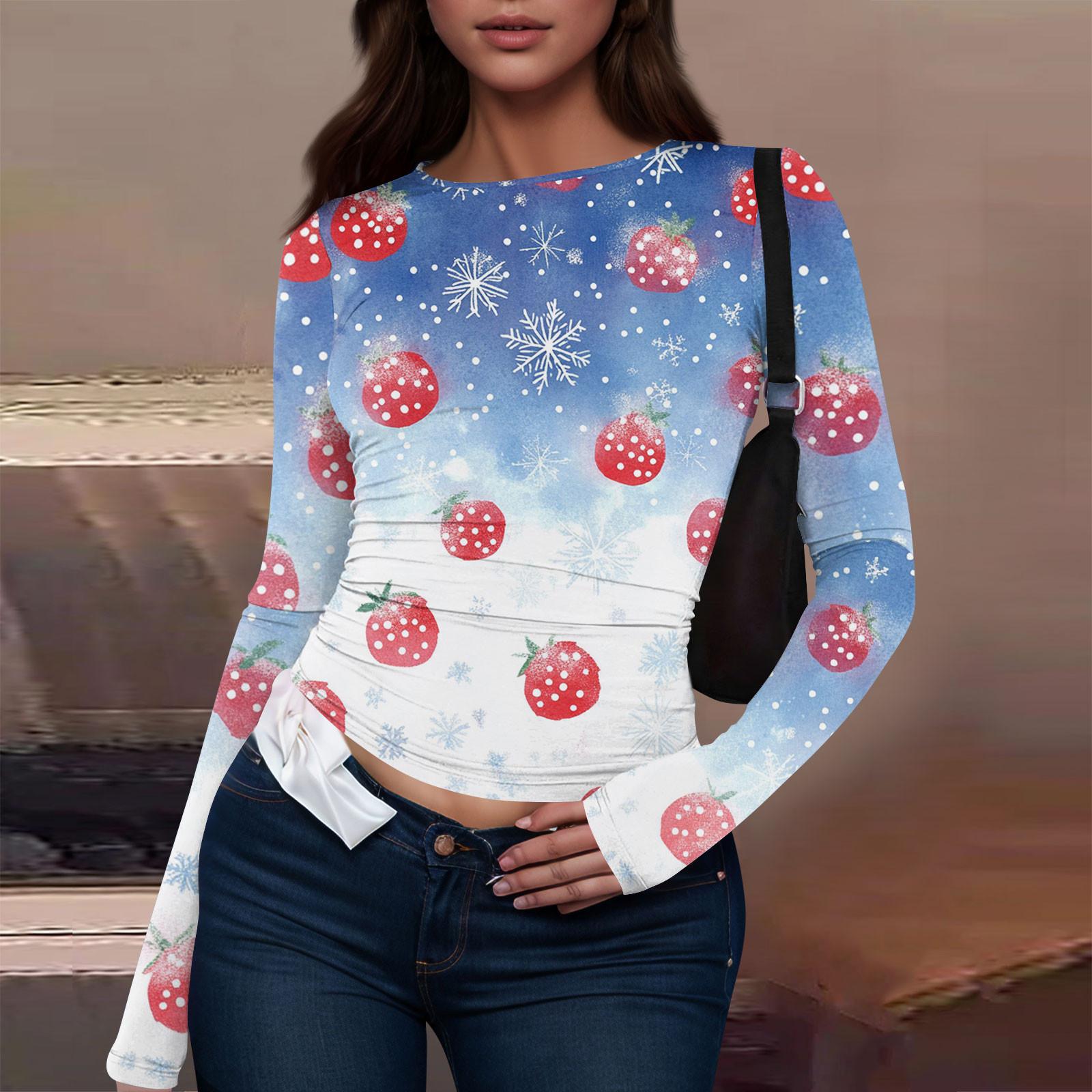 

Женская модная повседневная футболка с круглым вырезом и рождественским принтом с длинным рукавом XS