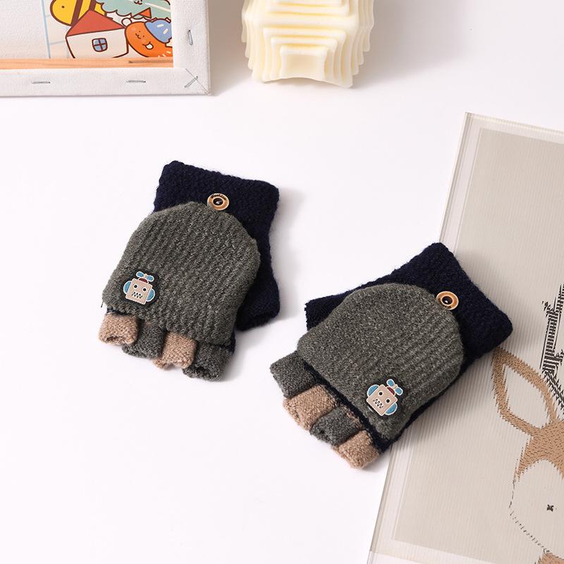 Fashion Children Flip Gloves 5-14Year Kids Half Finger Mittens Cycling Baby Winter Hand Warmer Boys Thicken Woolen Knitted Glove