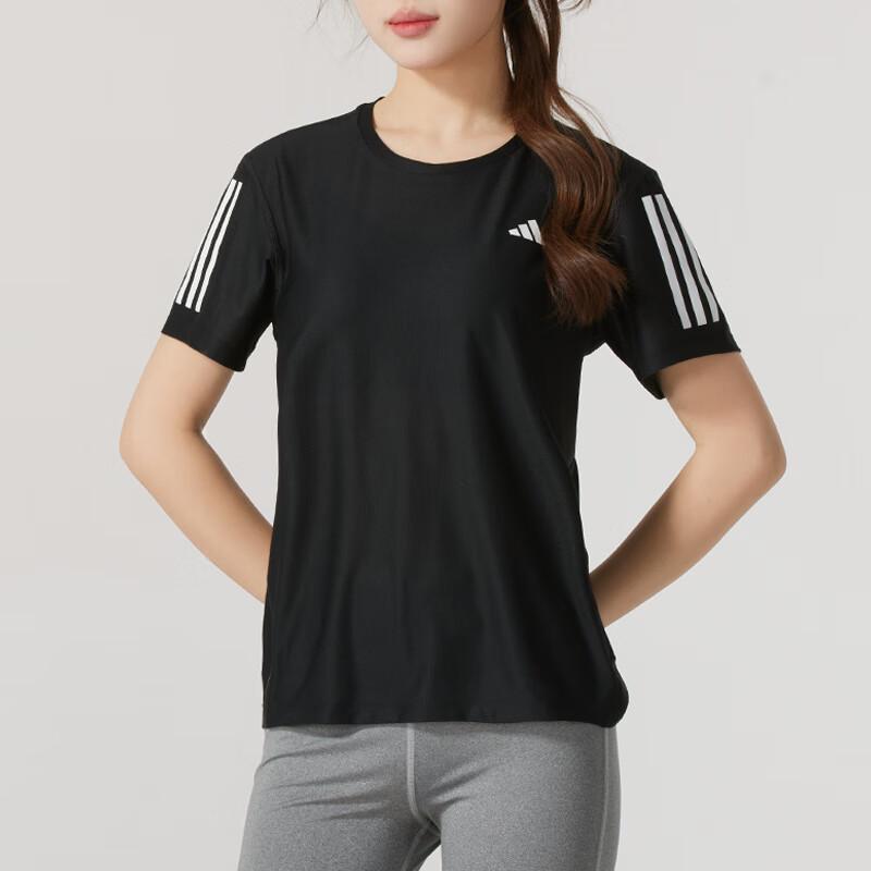 Adidas Training Running Exercise Casual Striped Pullover Short Sleeve T-Shirt Women Tops Black JY8581