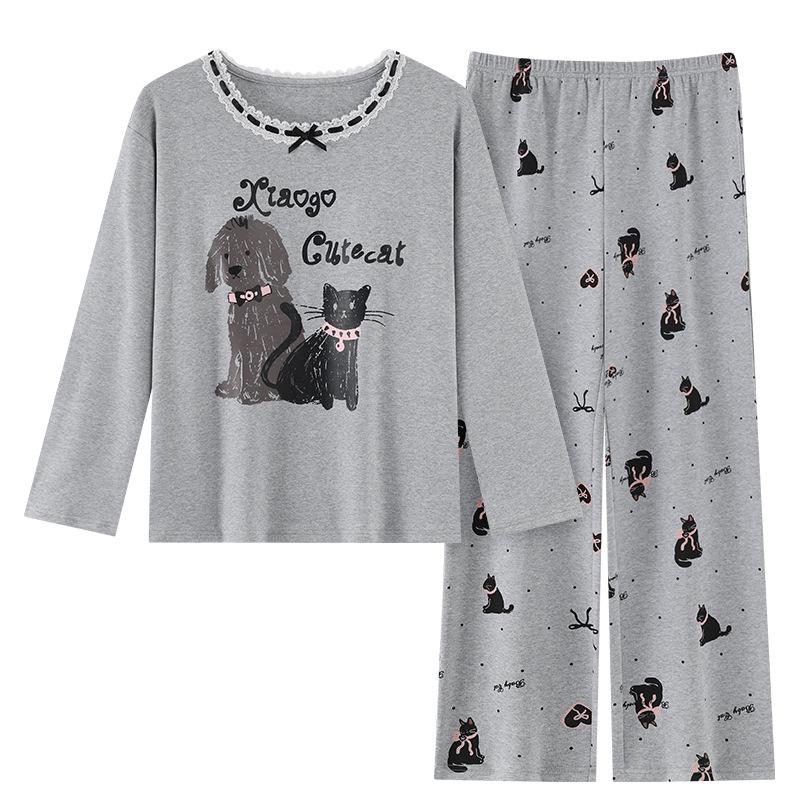 Women's Cute Cartoon Cotton Pajama Set with Chest Pad – Long Sleeve & Pants for Spring/Autumn