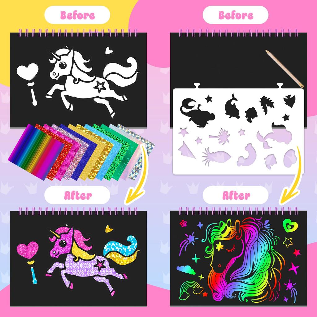 Unicorn Foil Sticker Book and Scratch Art Paper for Kids, DIY Creative Activity Kit, Gifts for Girls Ages 4-9, Travel Toys