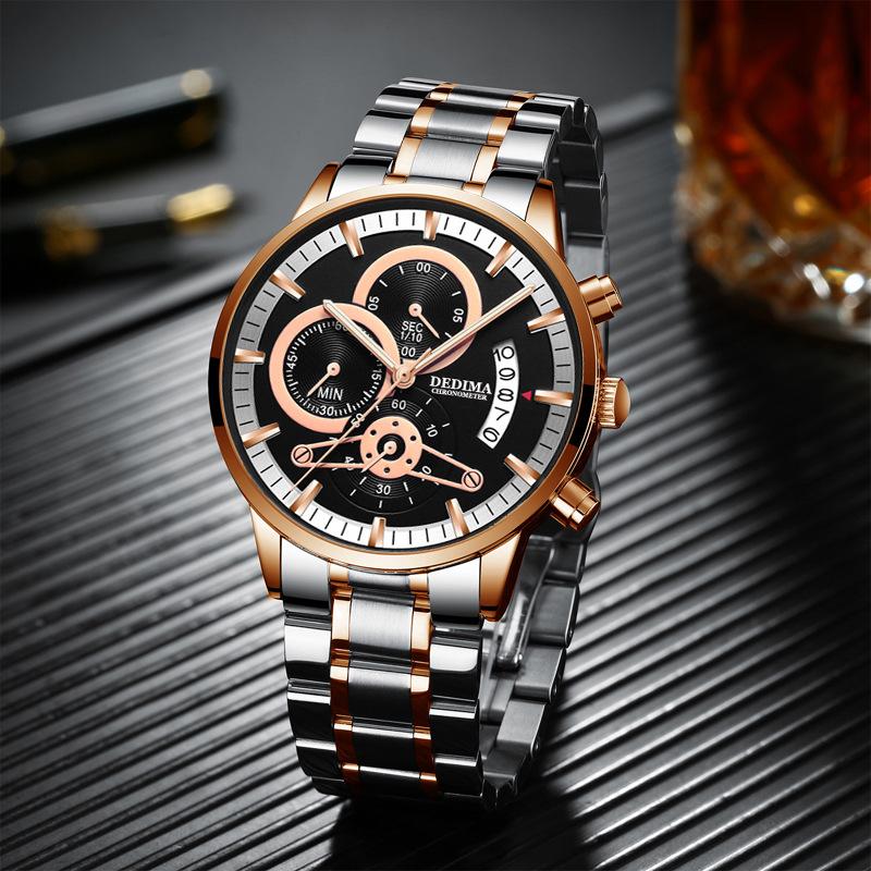 KINGNUOS Herrenuhr mit massivem Stahlarmband, wasserdicht, beschichtetes Glas, leuchtend, drei Augen, 6 Zeiger, Quarzuhr