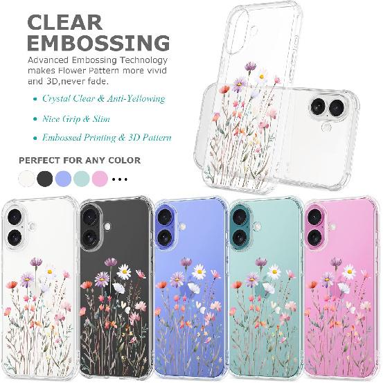 Floral Clear Case for iPhone 16 for Women Girls,Cute Flowers Design Phone Cover,Slim Soft Transparent Drop Proof Pretty Flower Print Pattern TPU