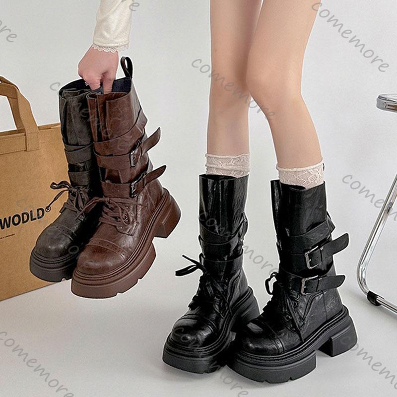 Fashion Comemore Thick Bottom Heightening Short Boots Women's 2025 New Autumn Suede Belt Buckle Punk Style Solid Mid-calf Bota Femininas