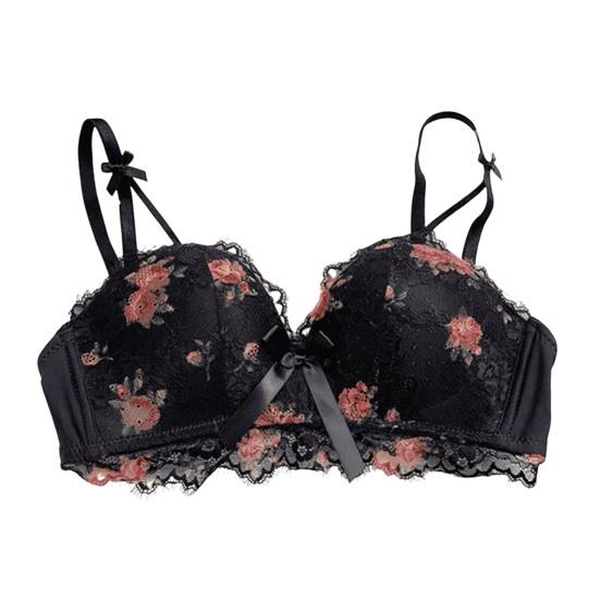 

Женский бюстгальтер с цветочным принтом, на тонких бретельках, без зацепов, с декором в виде банта, с подкладкой, с эффектом пуш-ап сзади 32B чёрный