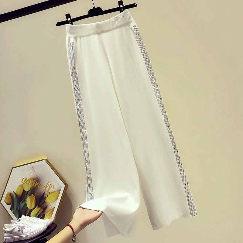 

Women s High-Waisted Flowy Wide-Leg Pants with Hot Drilling Details - Fashionable and Casual Long Trousers. S (40-48 kg) білий