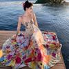 Coffee Break French Pure Desire Colored Broken Flowers Suspender Elegant High Waist Holiday Dress Bohemian Seaside Long Dress