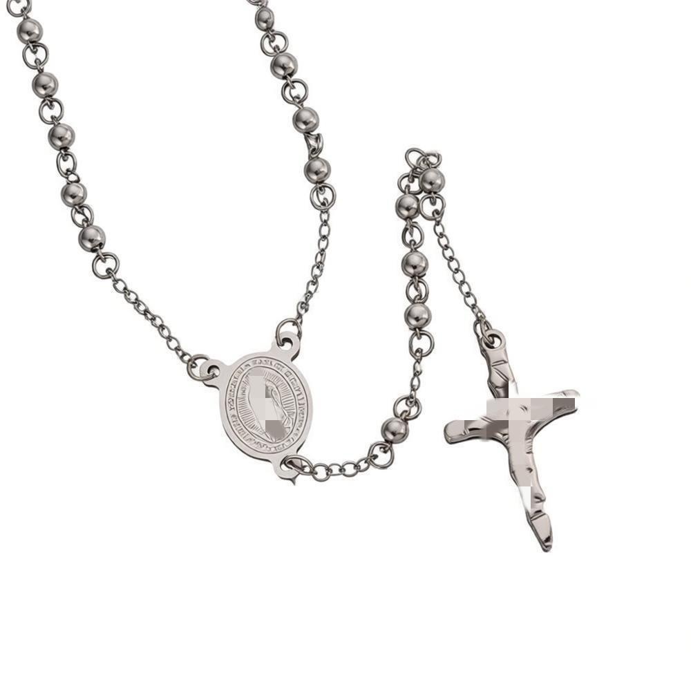 Women Vintage Rosary Necklace, Stainless Steel Virgin Mary Medal Cross Beaded Chain Fashion Jewelry