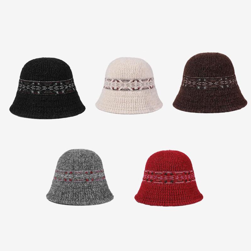 Vintage Color Jacquard Knitted Bucket Hat Women's Fisherman Hat