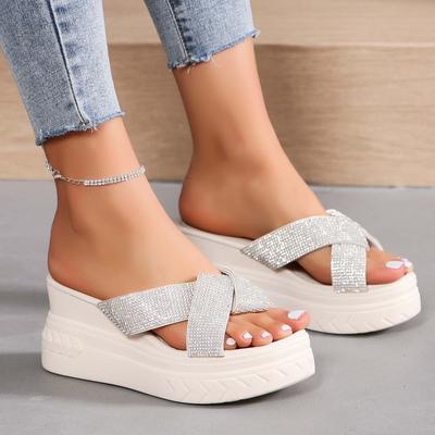 Sandalen mit schrägem Absatz für Damen, Sommerkleidung, Biskuitkuchen mit dicker Sohle, modische Cross Water Diamond Casual Beach-Schuhe