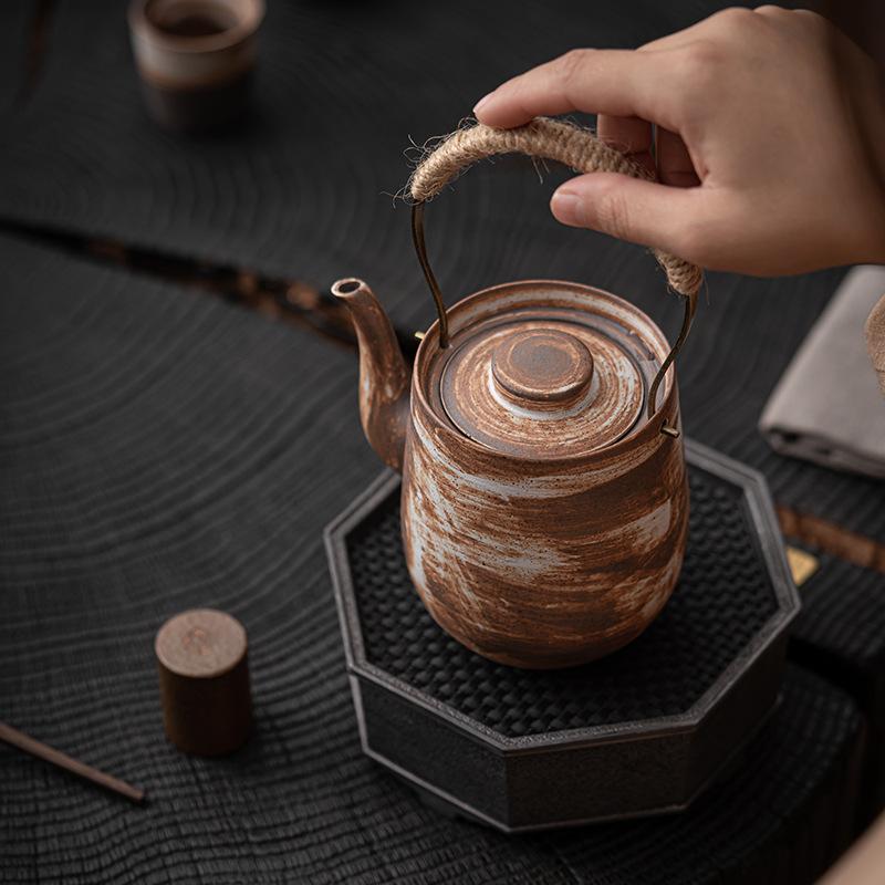 Handmade Coarse Pottery Teapot with Handle Antique Ball Hole Tea Filter Ceramic Teapot Single Tea Brewing Device Tea Infuser