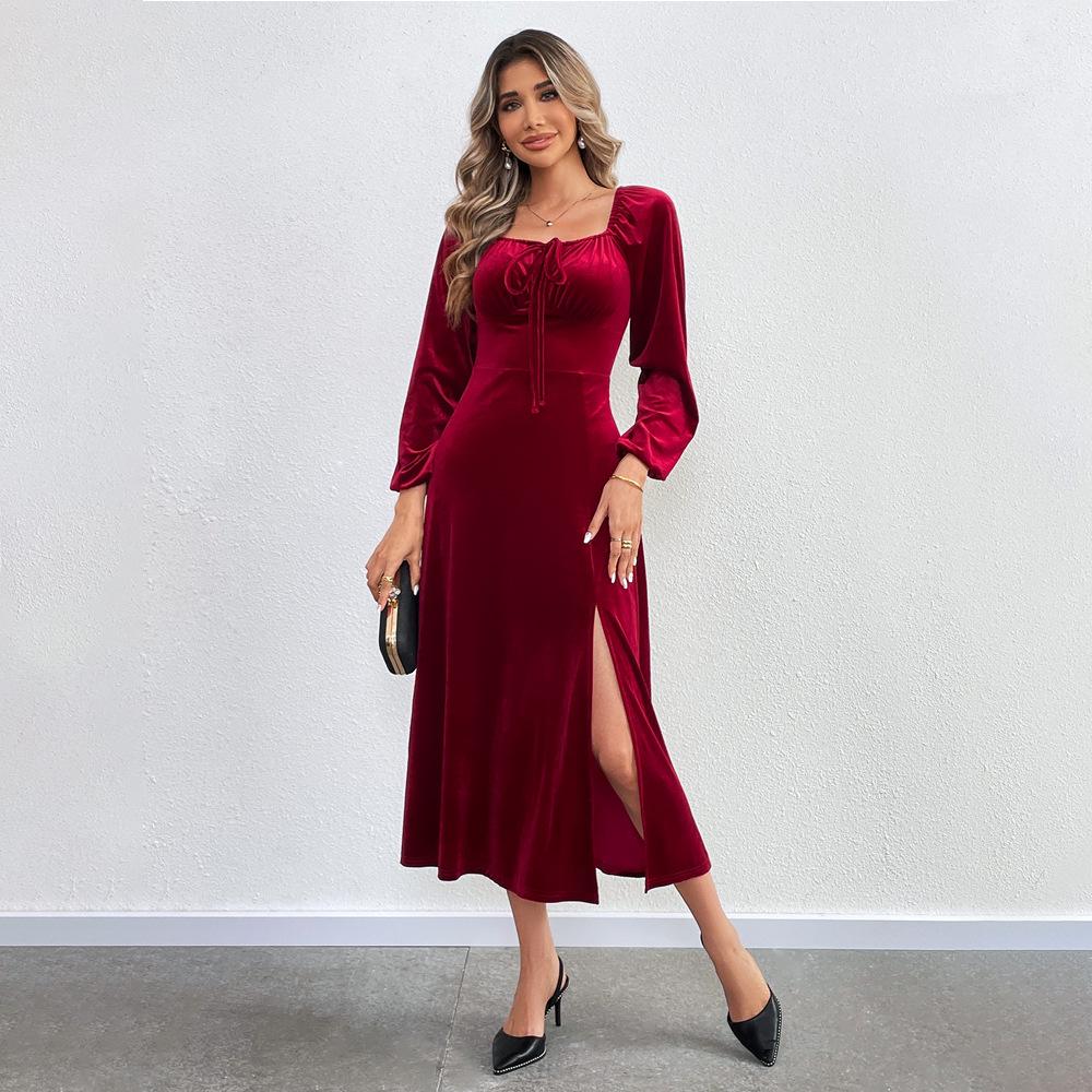 2024 European & American Women's Sexy Slit Velvet Dress with Square Neck & Puff Long Sleeves