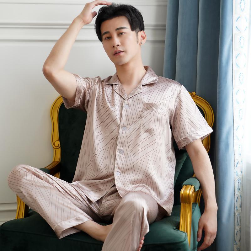 

Пижамный комплект для мужчин весна осень тонкий полиэстер ледяной шелк с длинными рукавами пижамы больших размеров летняя домашняя одежда для мужчин 3XL