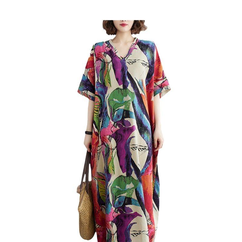 Real Shot Summer New Literary Large Size Loose Printing Cotton and Linen V-neck Short-sleeved Dress Women's Beach Dress