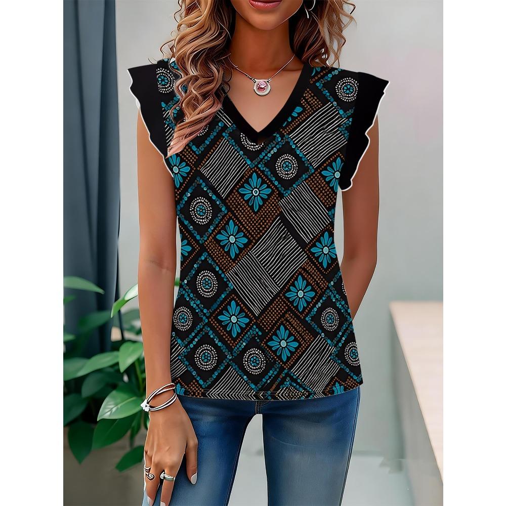 Vintage Geometric Pattern High-Quality Women S All-Over Print V-Neck Top S