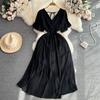 Retro V-neck Open Back A- line Large Hem Short Sleeve Dress