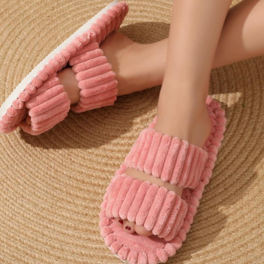 Double-Bar Curly Cotton Indoor Furry Slippers - Candy Color