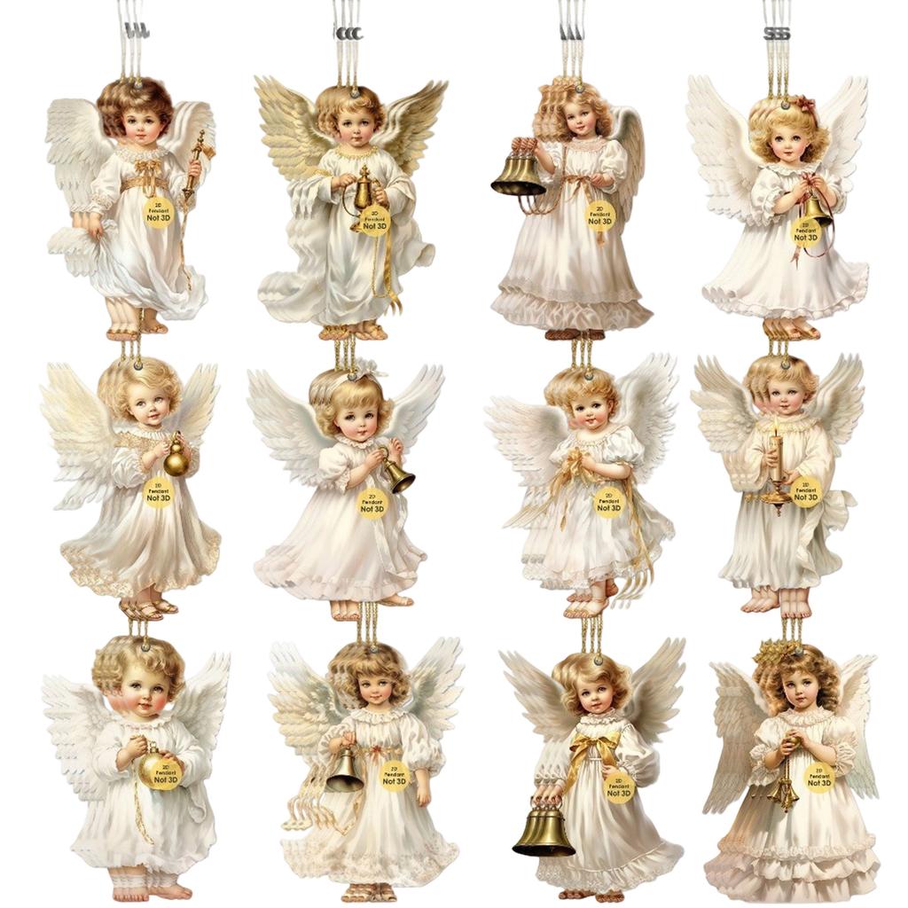 2D 12 Piece Set Of Victorians Angel Wooden Decoration Set, Traditional Holiday Home Window Decoration