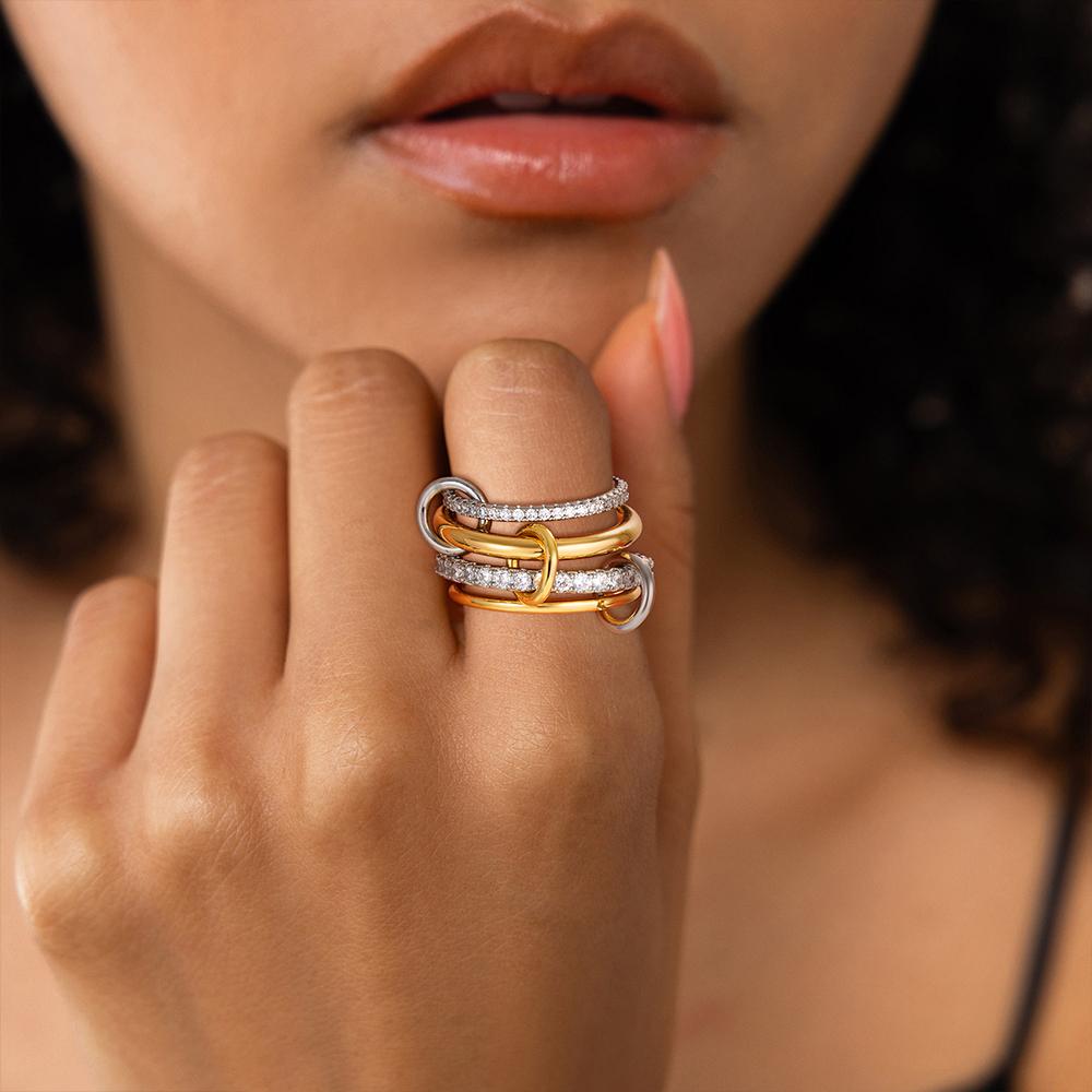 Luxury Cubic Zirconia Gold Plating Multilayer Connecting Rings for Women Fashion Mixed Color Stackable Finger Ring Party Jewelry