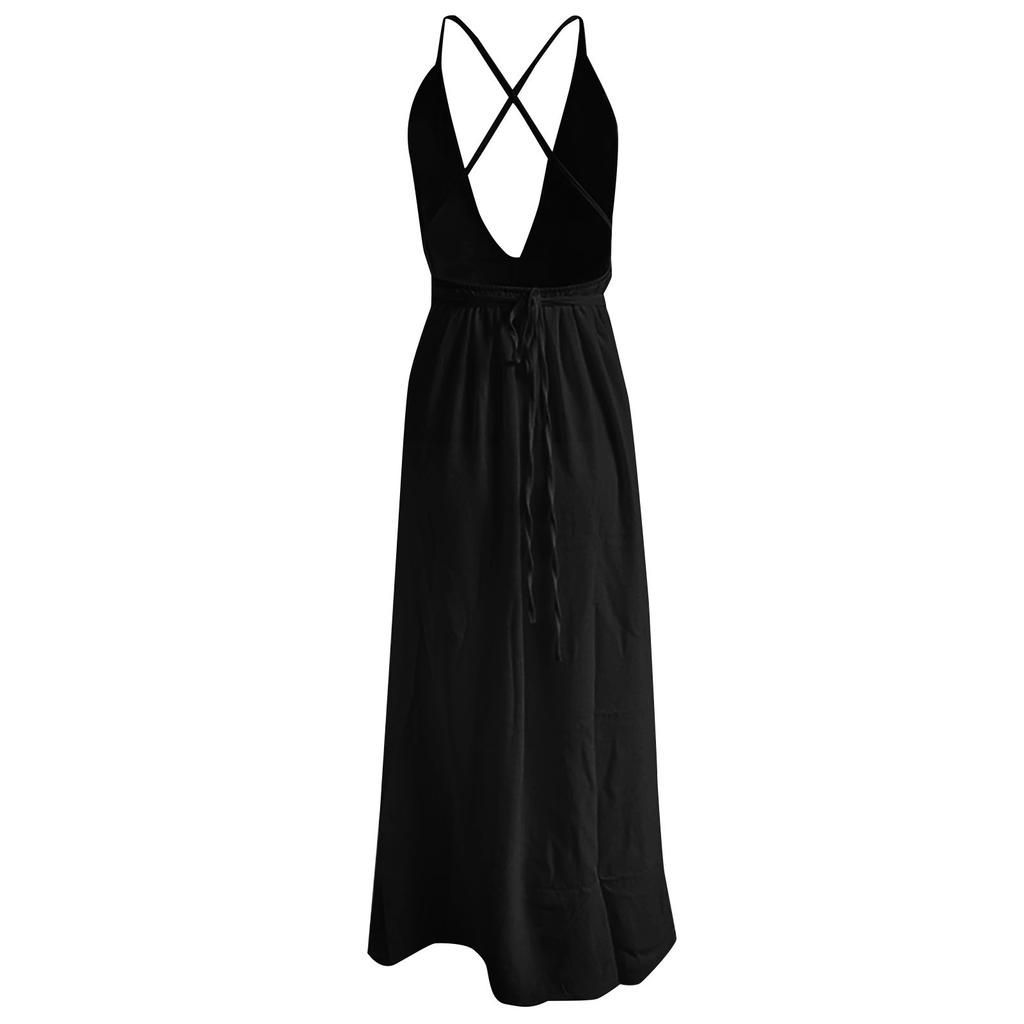 Women's European And American Fashion Sexy Solid Color Deep V Bandage Strapless Back Waist Split Bohemian Chiffon Sleeveless Dress