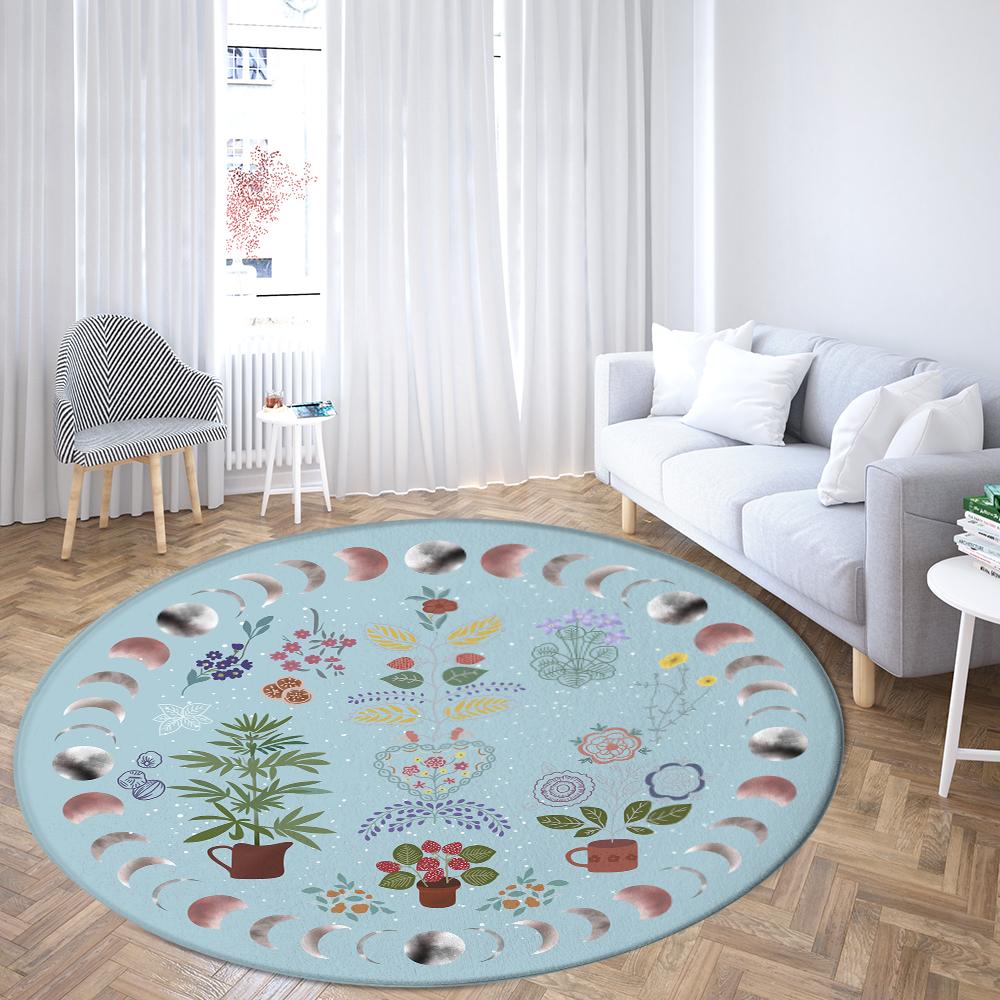 Moon and starry sky printed circular floor mat plant pattern carpet home bedroom decoration non slip floor mat door mat