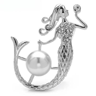 Wuli&baby Big Simulated-Pearl Mermaid Fish Brooch Pins 2 Colors Metal Jewelry Cloth Accessory Clear Crystal Badge