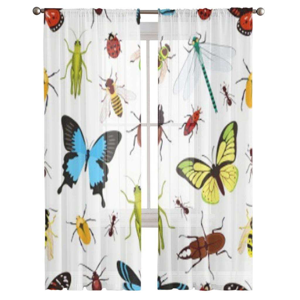 Insekter Färgad Gräshoppa Geting Fjäril Burspråksfönster Skärmgardiner Voile Organza Draperi Skir Tyll för Vardagsrum Sovrum