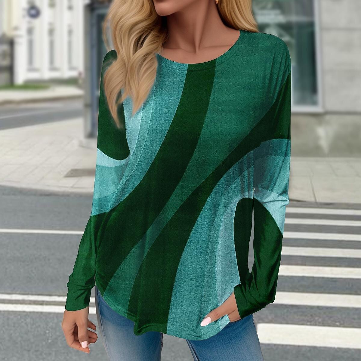 

Женская зимняя хлопковая футболка с геометрическим принтом, контрастные винтажные свободные рубашки с длинными рукавами и принтом, топ, весенне-осенняя элегантная женская футболка 8XL