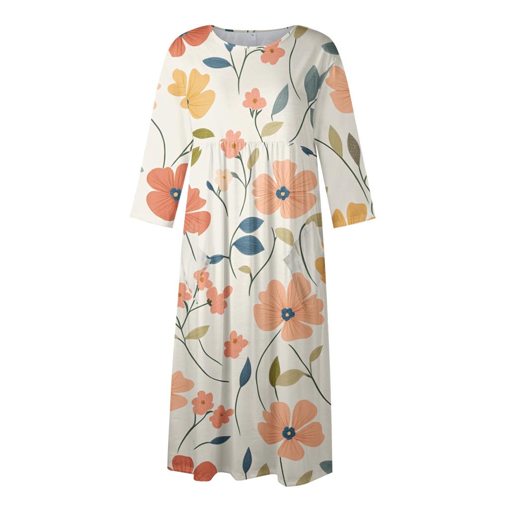 Women's Casual Round Neck Floral Print Midi Dress Long Sleeve Pocket Dress