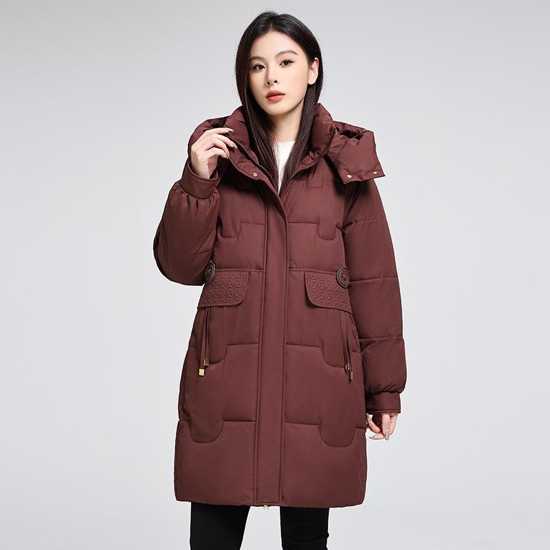 Polstrované oblečení dámské střední a dlouhé s kapucí zimní volné nové polstrované oblečení zesílené teplé polstrované bundy nadměrné velikosti bundy