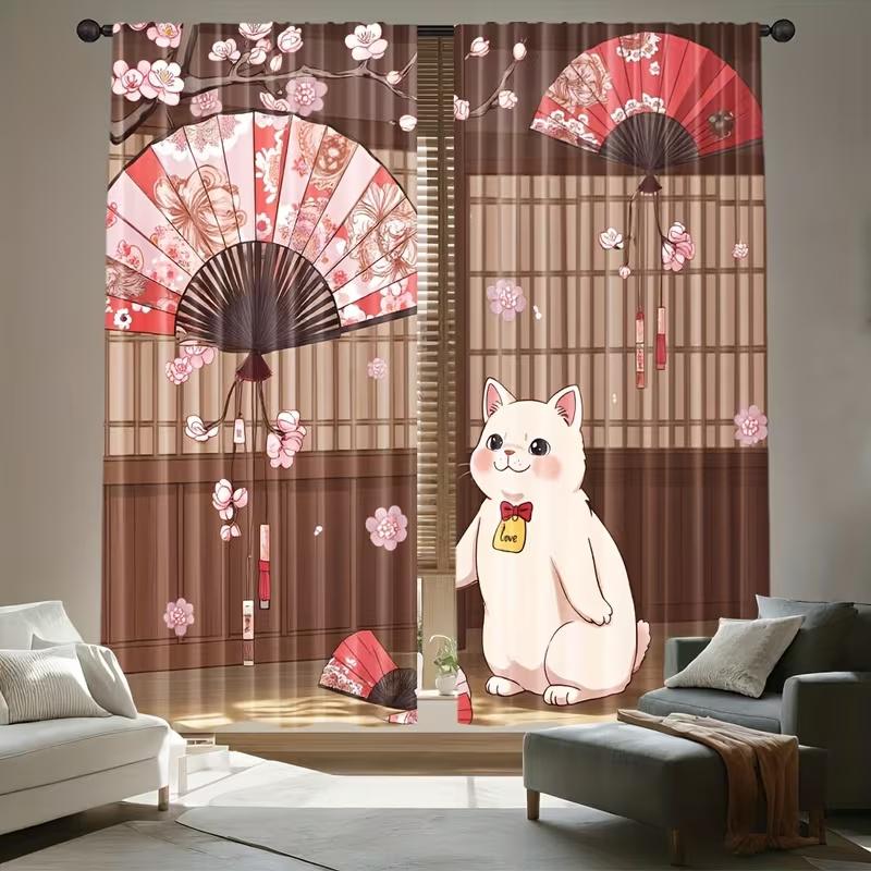 Japanese Cat Print Curtains Suitable Bedroom Living Room Kitchen Decoration Home Window Curtain Set Of 2 Made Polyester Washable Sitting Ready
