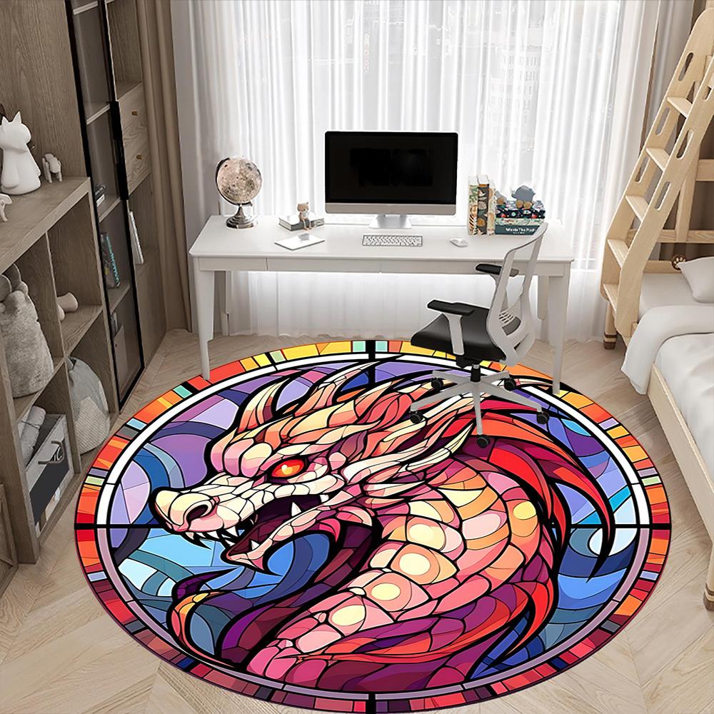 1pc StainedGlass DragonHead Office Round Area Rug, Indoor Mat Suitable For Office, Under Office Chairs Bedroom Living Room Home Decor, Room Deco 086