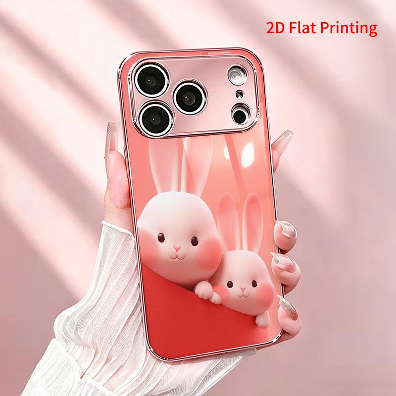 2DFlat electroplated tempered glass phone case,Cute Bunny Duo Design,suitable for iPhone 18 Pro Max 17 16 15 14 13 12 11