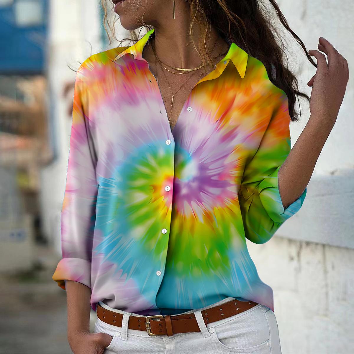 

Женская блузка с принтом тай-дай, весна-осень, женская, офисная, на пуговицах, с отложным воротником S оранжевый