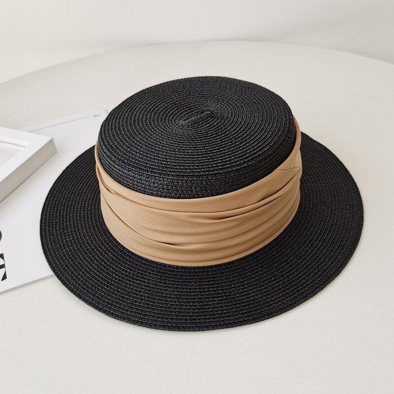 Retro Flat Top Straw Hat For Women With Wide Brim And Sun Protection For Vacation