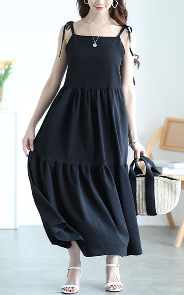 Guld Japan Plus Size Lång Camisoleklänning med Volanger Enfärgad Perfekt för och Storlek Kvinnors Fickor, Stretch, Färg, Vår, Sommar, Höst, 4L, Svart,