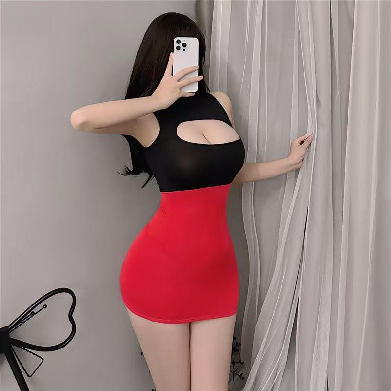 Summer Sex Dress Sexy OL Secretary Uniform with Breast Peel Free and Hip Perspective Temptation Clothing Hollow Dress Clothes